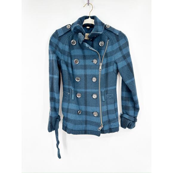 Burberry Brit Blue Full Nova Check Plaid Wool Pea Coat Jacket Women’s Size 2